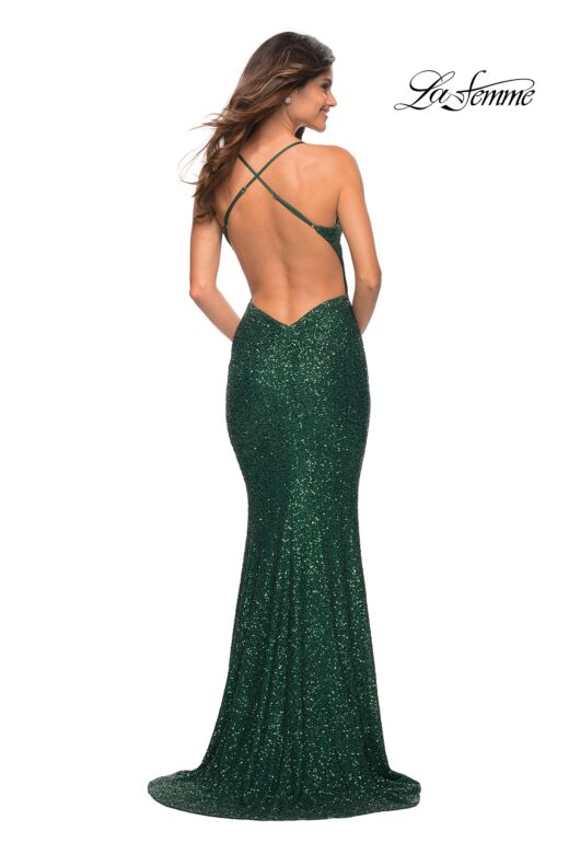 La Femme 30523 Criss Cross Back V-Neck Sequin Dress