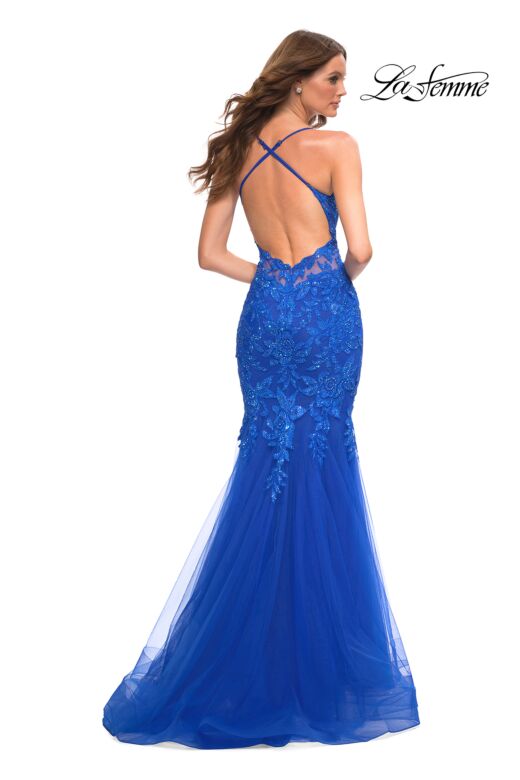 La Femme 30584 Crisscross Back Beaded Trumpet Dress
