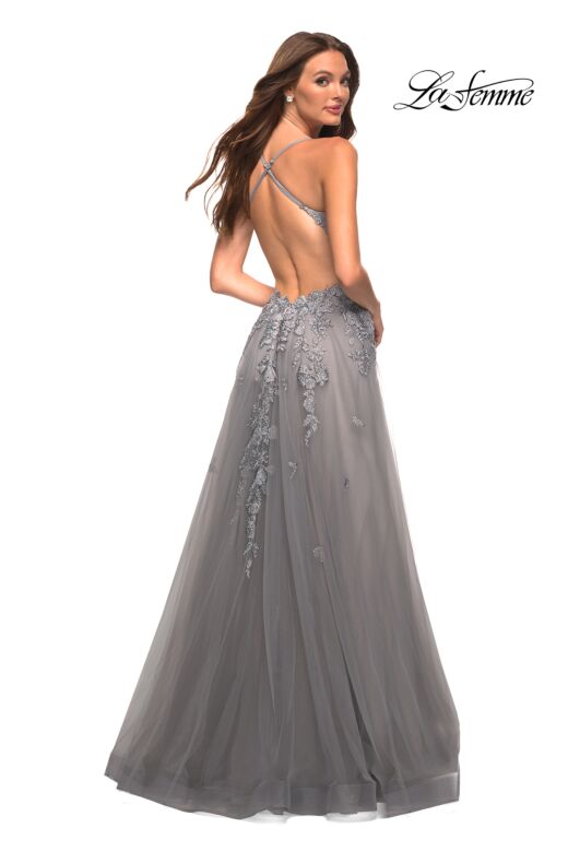 La Femme 30591 High Slit A-Line Applique Dress