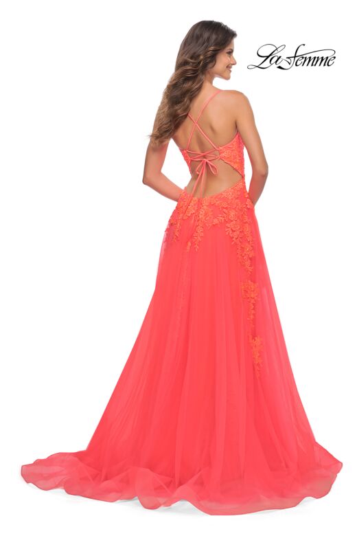 La Femme 30637 Floral Appliques High Slit Lace-Up Dress