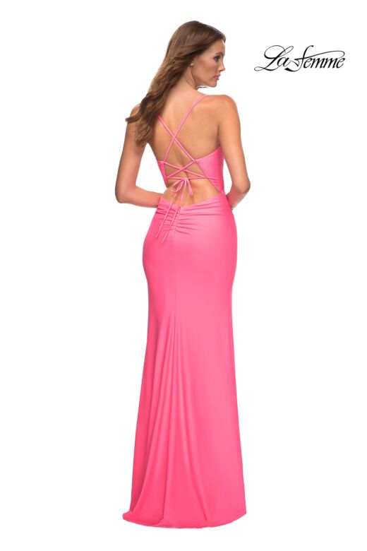 La Femme 30661 Scoop Neckline High Slit Lace-Up Dress