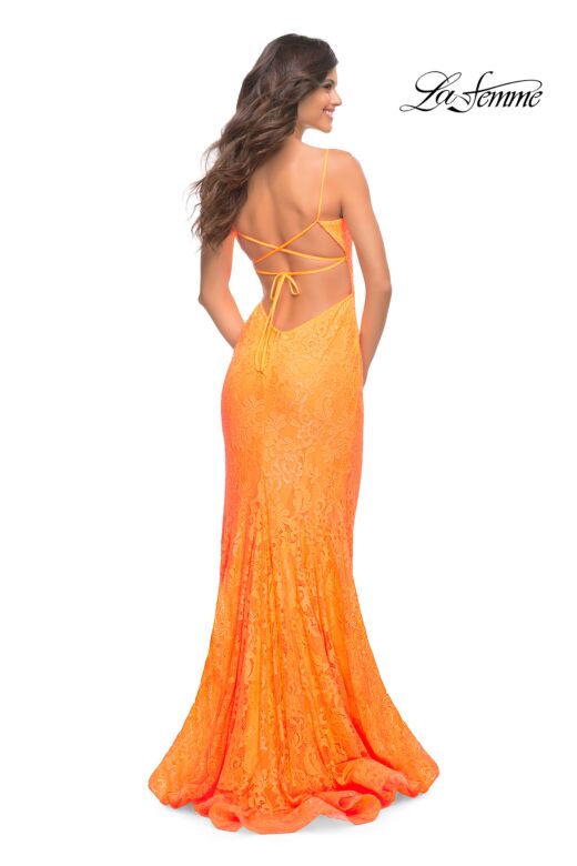 La Femme 30671 Rhinestone Accent Sheer Soft V-Neck Bodice Dress
