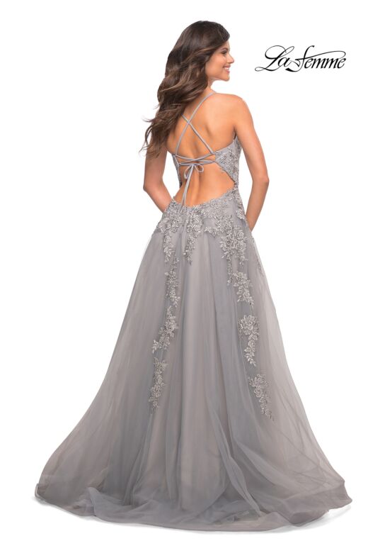La Femme 30810 Lace-Up Back High Slit Embroidered Dress