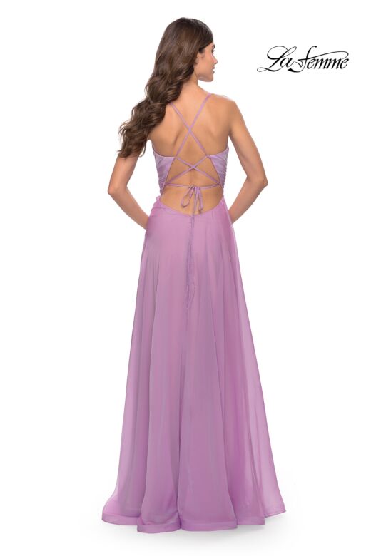 La Femme 30840 Pleated Top High Slit Lace-Up Dress