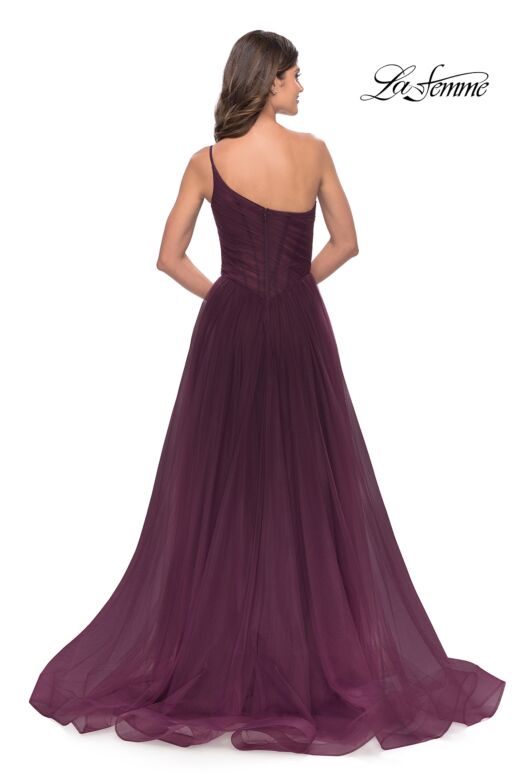 La Femme 31069 Ruched Corset High Slit One Shoulder Dress