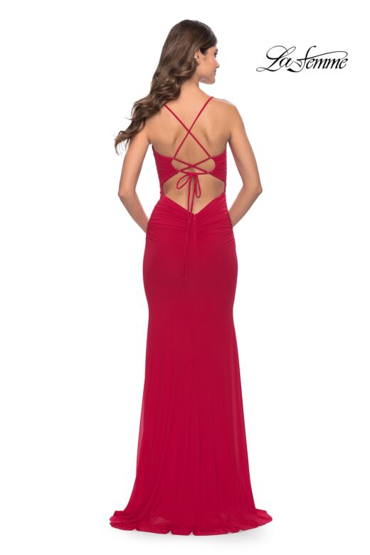 La Femme 31114 Plunging Neckline Lace-Up Ruched Dress