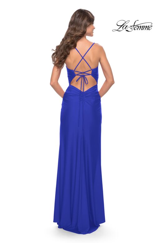 La Femme 31127 High Slit Lace-Up Back Ruched Dress