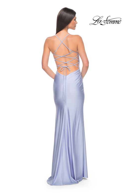 La Femme 31129 High Slit Lace-Up Back Ruched Dress
