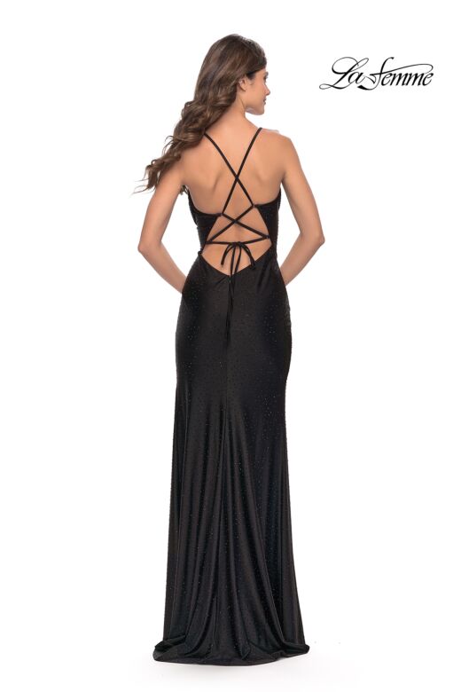 La Femme 31221 Cowl Neck High Slit Lace-Up Dress