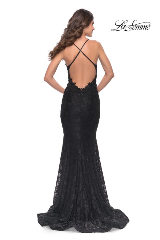 La Femme 31265 Criss Cross Back Beaded Lace Dress
