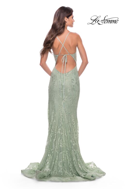 La Femme 31288 Cutaway Slit Tie Back Lace Dress