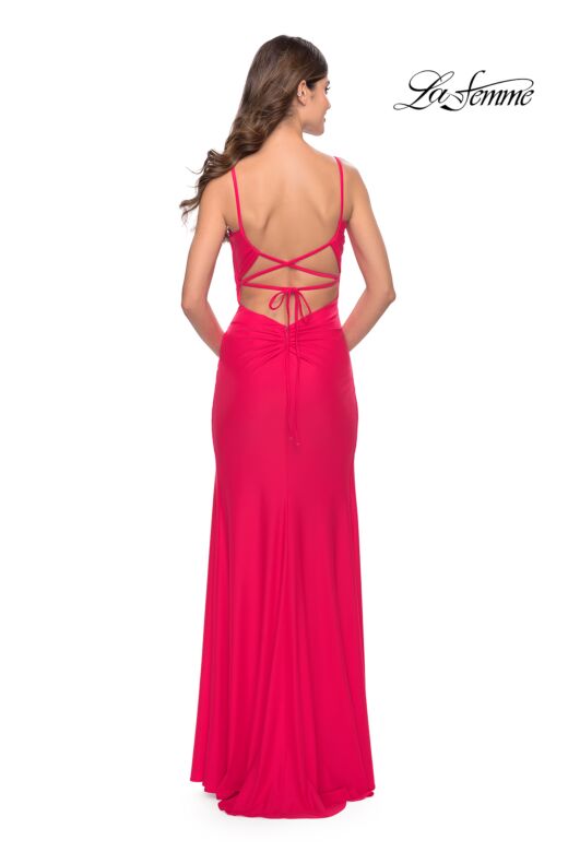 La Femme 31329 High Slit Lace-Up Back Ruched Dress