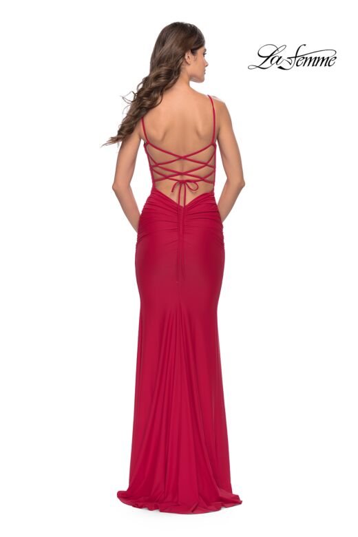 La Femme 31333 Plunging Neckline Lace-Up Back Dress