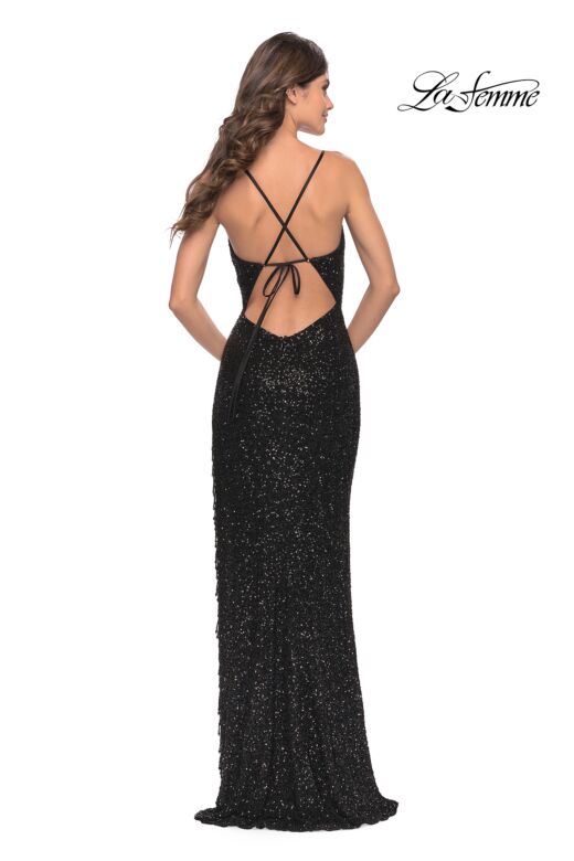 La Femme 31389 Fringe Slit Tie Back Sequin Dress