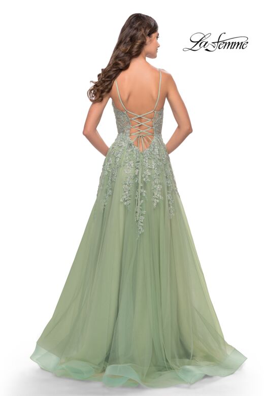 La Femme 31393 Lace Applique Sheer Bodice Lace-Up Back Dress
