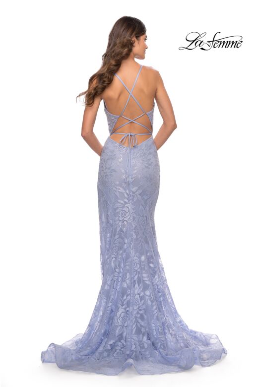 La Femme 31404 Sharkbite Slit Tie Back Lace Dress
