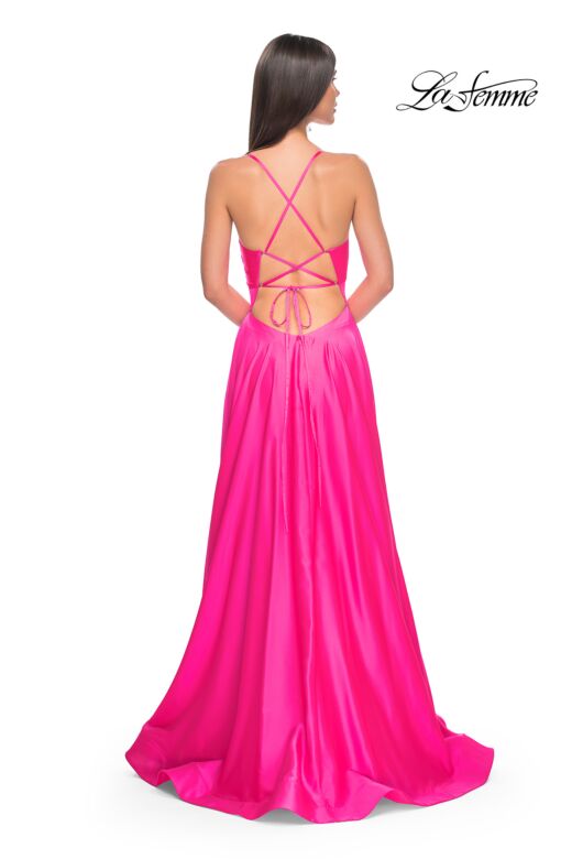 La Femme 31412 Deep V-Neckline Open Lace-Up Back Dress