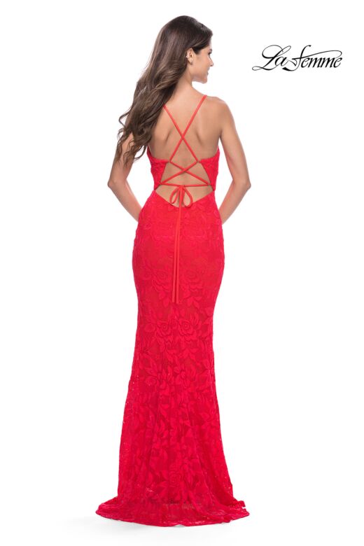 La Femme 31417 Plunging V-Neckline Lace-Up Back Dress