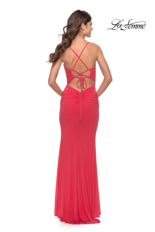 La Femme 31424 Lace-Up Back Plunging Neck Ruched Dress