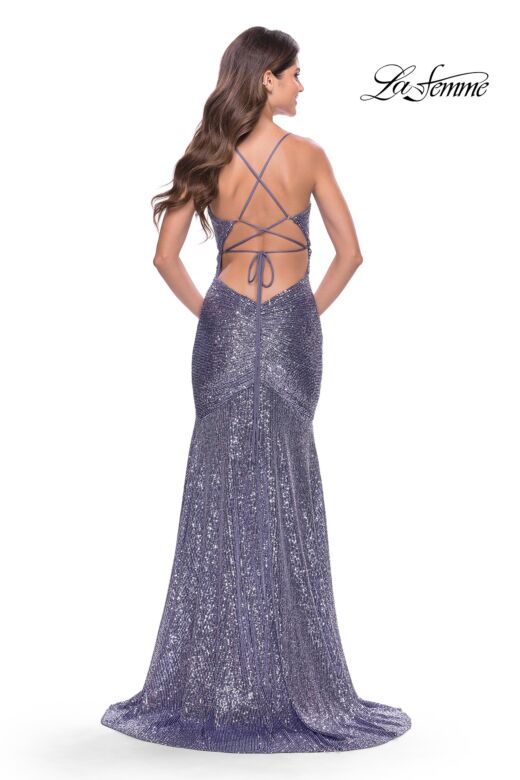 La Femme 31431 Lace-Up Back Ruched Sequin Dress