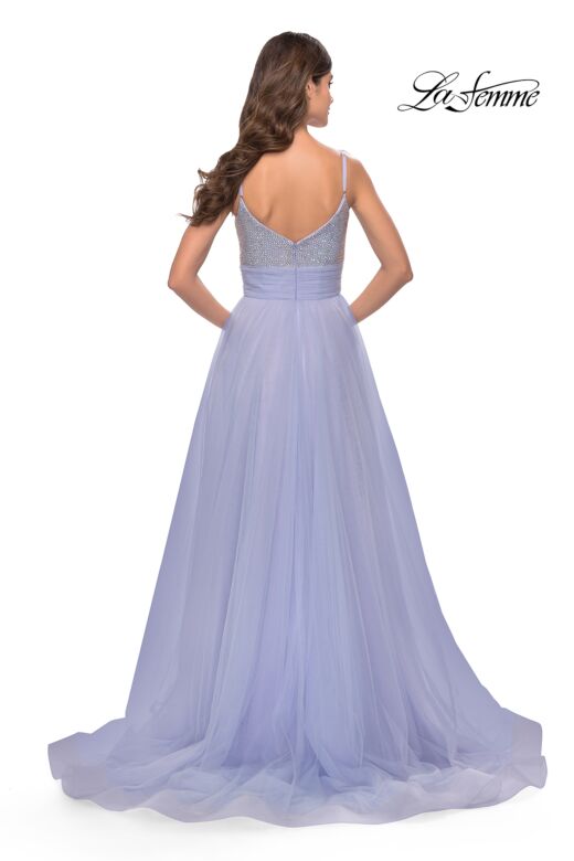 La Femme 31433 Ruched Waist High Slit Beaded Top Dress