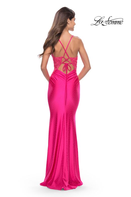 La Femme 31436 Floral Sides Plunging Neck Lace-Up Dress