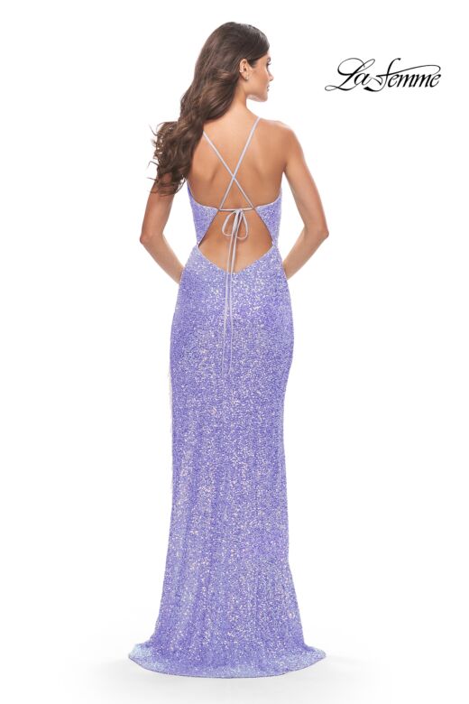 La Femme 31444 Cowl Neck Fringe Slit Sequin Dress