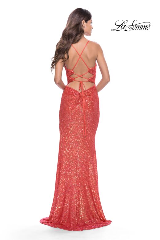 La Femme 31449 High Slit Lace-Up Sequin Dress