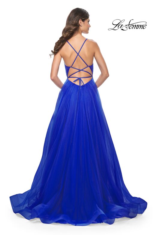 La Femme 31457 Ruched Corset High Slit Lace-Up Dress