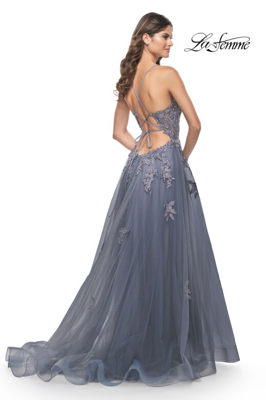 La Femme 31472 Floral Appliques Plunging Neck Lace-Up Dress