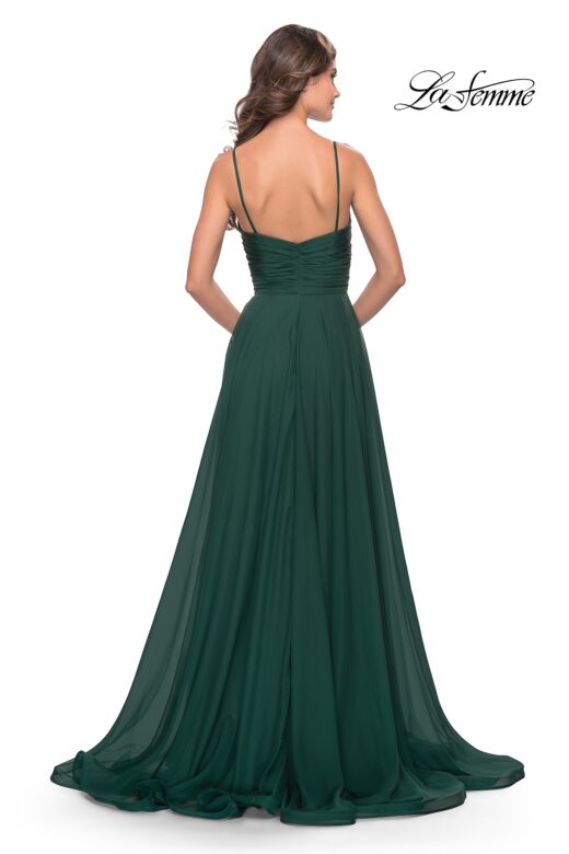 La Femme 31500 Ruched Top High Slit V-Neck Dress