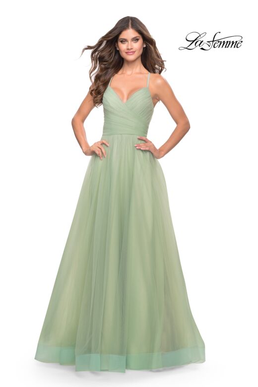 La Femme 31501 Ruched Top High Slit Lace-Up Dress