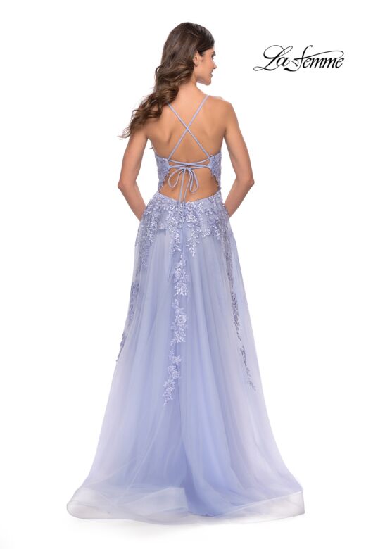 La Femme 31503 Lace-Up Back High Slit V-Neck Dress