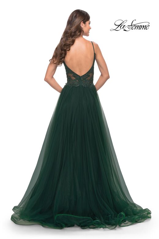 La Femme 31507 Lace Top Bare Back Slit Skirt Dress