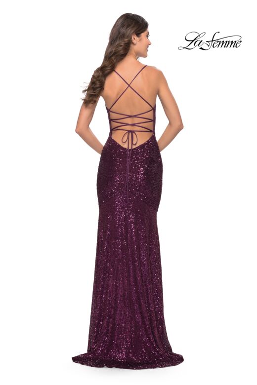 La Femme 31508 Curved Neckline Lace-Up Back Sequin Dress