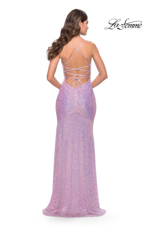 La Femme 31509 High Slit Lace-Up Back Sequin Dress