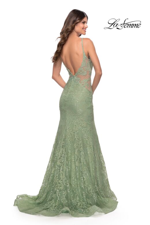 La Femme 31512 Plunging Neckline Illusion Sides Lace Dress