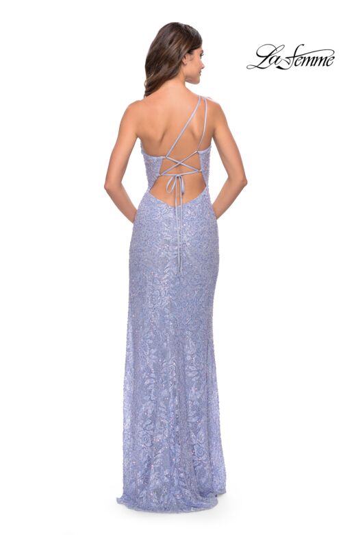 La Femme 31515 One-Shoulder Sheer Corset Bodice Dress