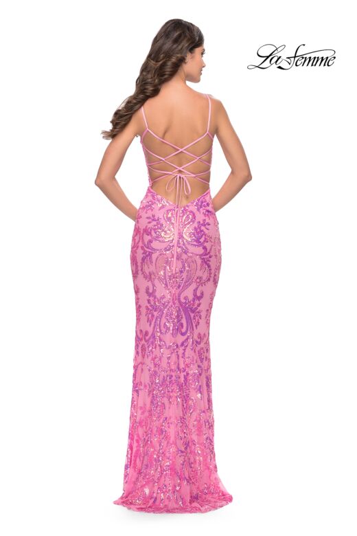 La Femme 31521 Print Sequin Lace-Up Fitted Dress