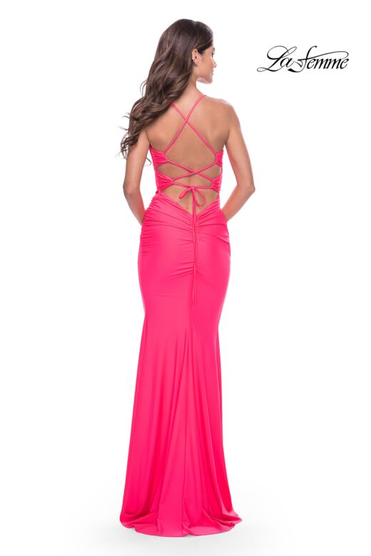 La Femme 31539 Knotted Top Ruched Lace-Up Dress