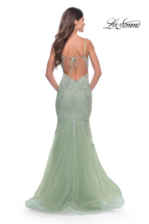 La Femme 31579 Exposed Tie-Back Lace Applique Mermaid Dress