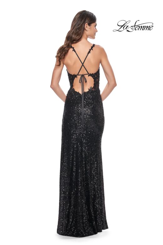 La Femme 31657 Floral Corset Sequin Skirt Tie Back Dress