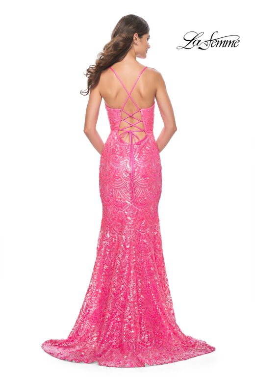 La Femme 31865 Scalloped Neckline Lace-Up Embellished Dress