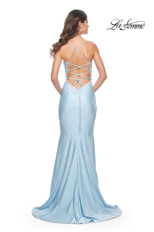 La Femme 31878 Lace-Up Back Cutaway Slit Ruched Dress