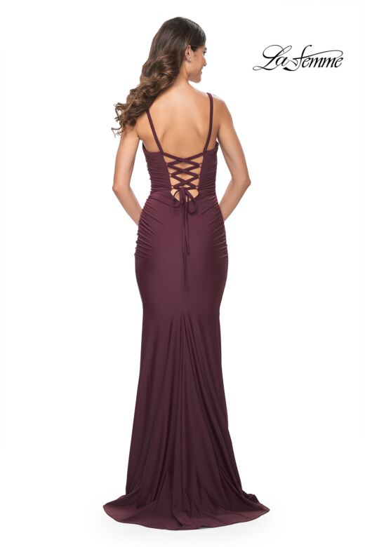 La Femme 31919 Lace-Up Back Ruched Jersey Dress