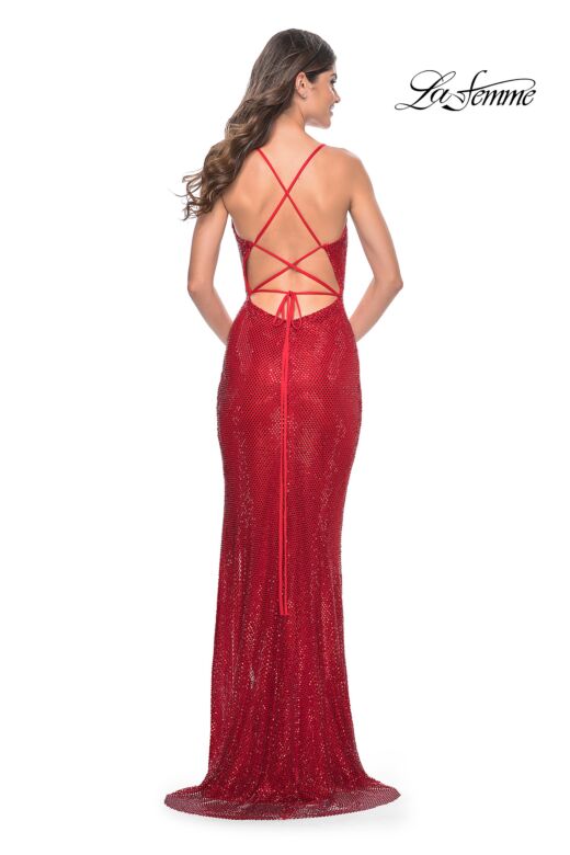 La Femme 31929 High Slit Lace-Up Back Sparkly Dress