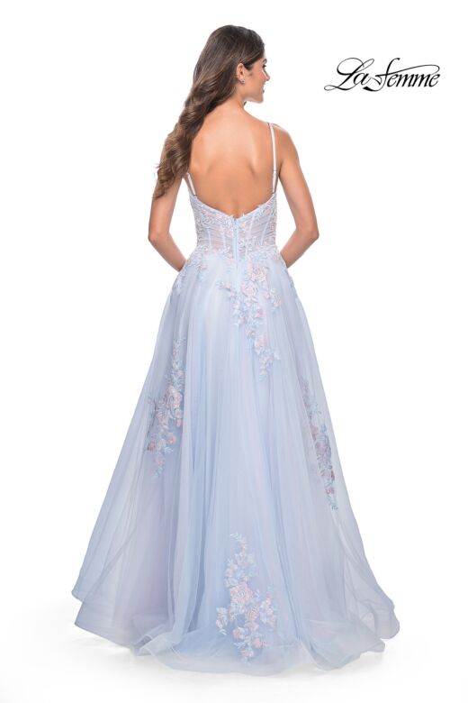 La Femme 31939 Ruched Corset Floral Appliques Dress