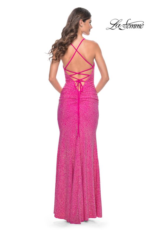 La Femme 31968 Cowl Neckline Lace-Up Embellished Dress