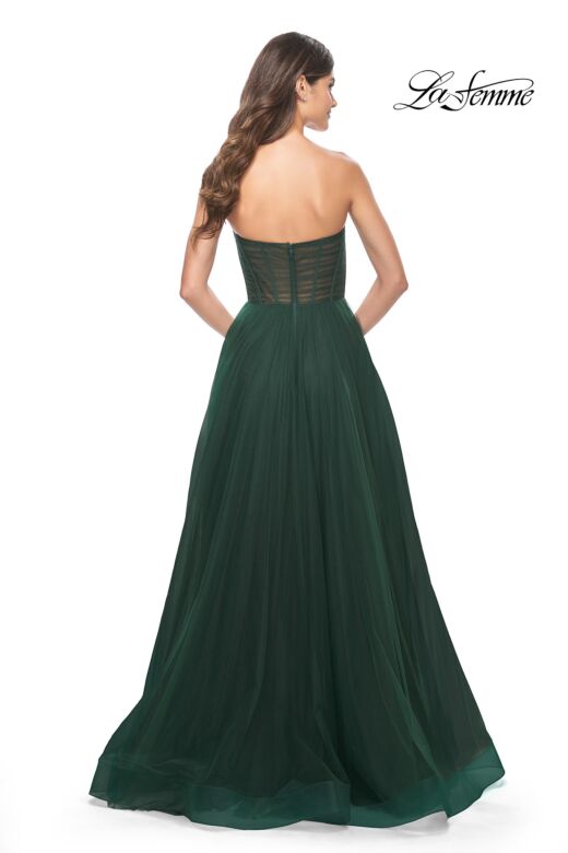 La Femme 31971 Ruched Corset High Slit Strapless Dress