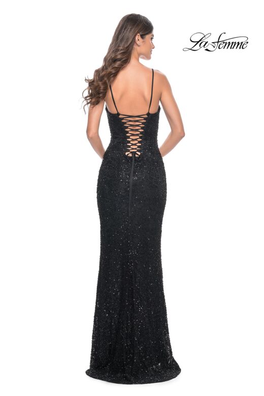 La Femme 31973 Lace-Up Back V-Neck Embellished Dress